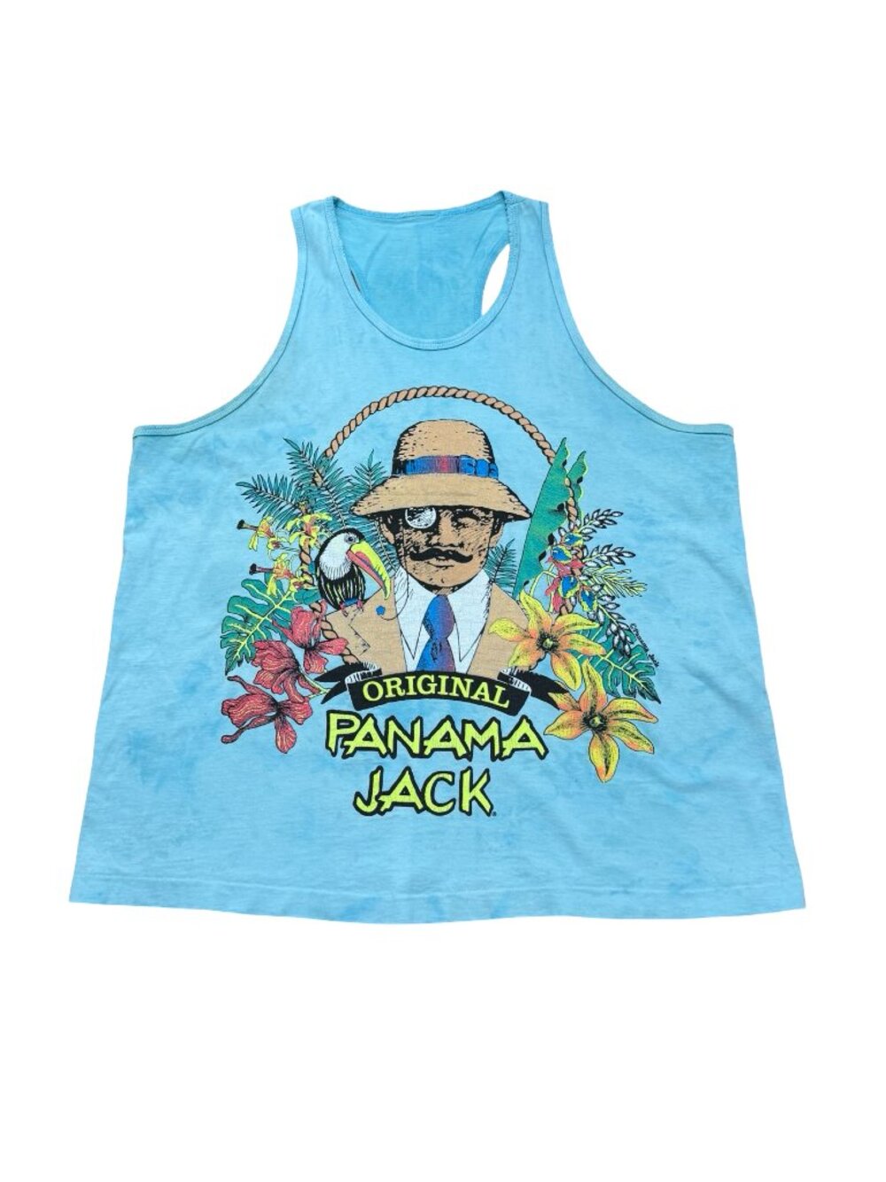 Vintage 1990s Panama Jack Tank Top Tropical Graphic Single Stitch Blue USA
